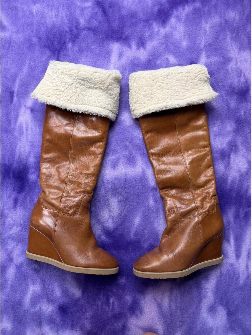 MNG tall tan leather boots sherpa cuff and wedge heel